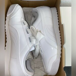 All white puma patent leather thick laces